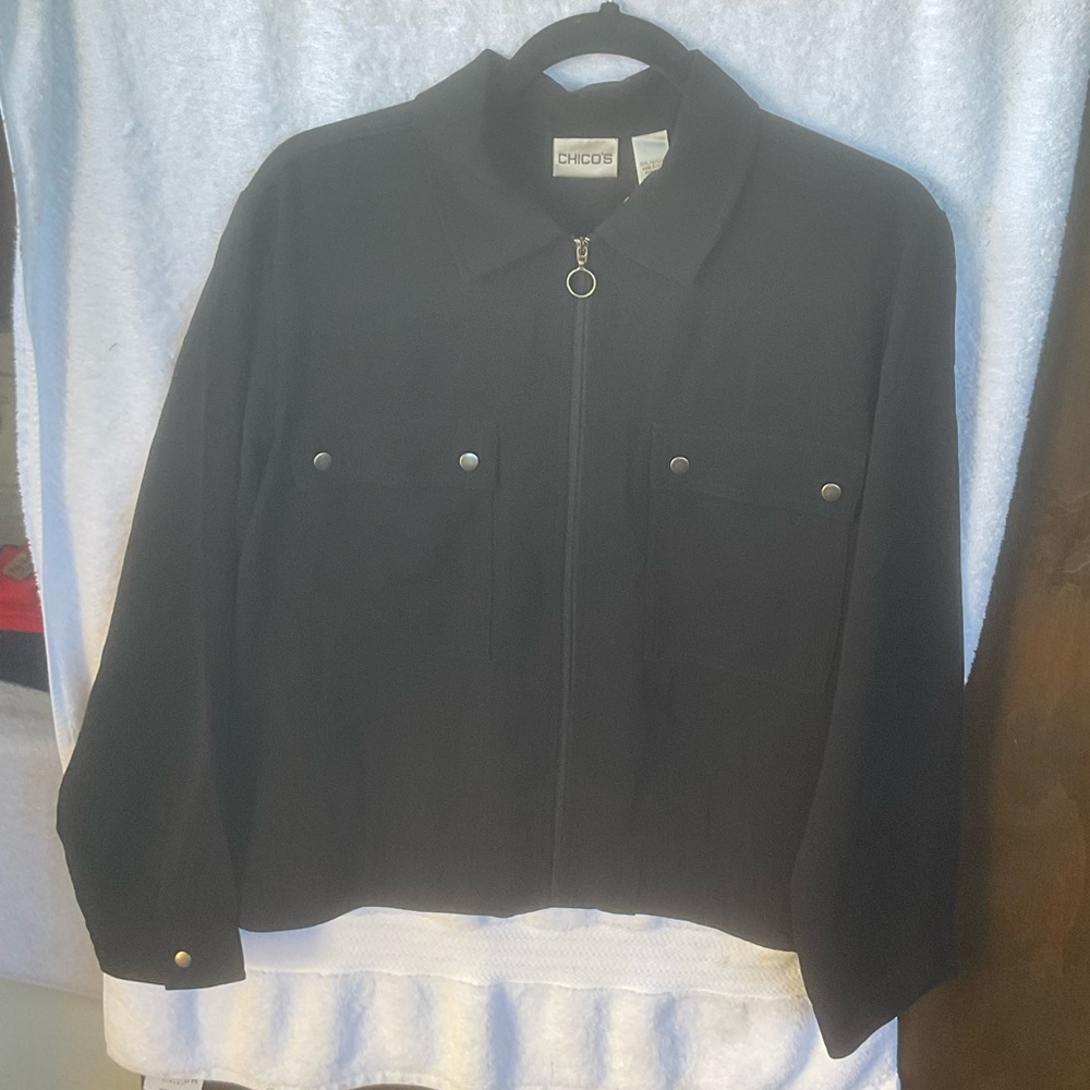 Chico's Black Utility Jacket with Zip Front and Stand-Up Collar; M/8